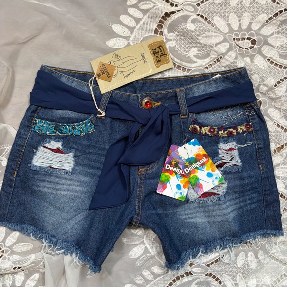 Desigual Pants - RARE Deadstock Y2K Desigual Exotic Denim Shorts Embroidered Sash Belt 28 NWT